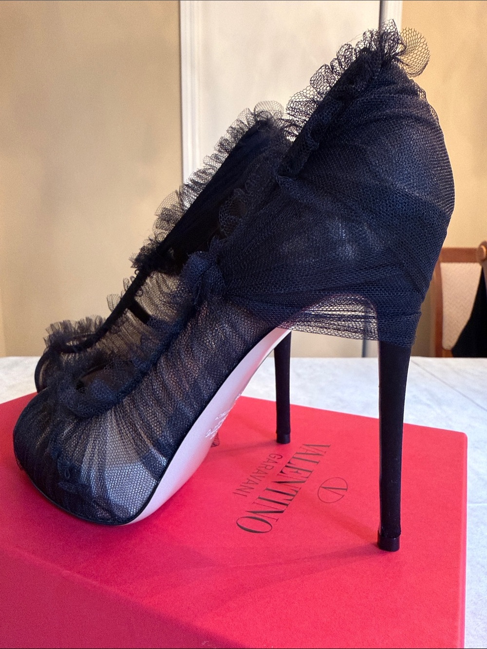 Valentino Black Lace Peep-Toe Pumps with Ruffle Trim - Picture 7 of 10